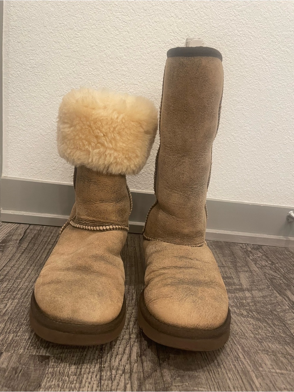UGG Tall Suede Shearling Winter Boots in Tan with Cream Cuff